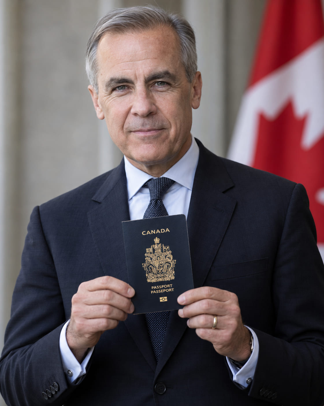 A hand holding a Canadian passport in front of the Parliament buildings in Ottawa